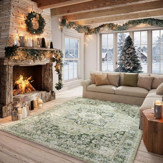 5×7 Machine Washable Rug for Living Room, Boho Vintage 5×7 Area Rug，Distressed Accent Low Pile Ultra Soft Large Carpet for Bedroom Bathroom Dining Room, Floral/Green