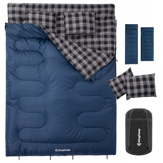 KingCamp Double Sleeping Bag for Adults, Queen Size 2 Person XXL Flannel Sleeping Bag, Waterproof Lightweight Flannel Quilt with 2 Pillows, Perfect for Couples Family Camping Hiking