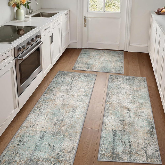 GENIMO Kitchen Rugs Sets of 3 Non Slip Washable Kitchen Mats for Floor, Waterproof Abstract Kitchen Runner Rug, Floor Mat Carpet for Hallway, Laundry, Sink, Entryway, Bathroom, Green&Brown