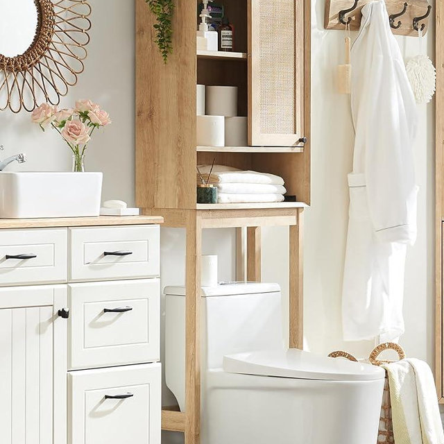 RedLemon Natural Rattan Over The Toilet Storage Cabinet, 68" Tall Modern Boho Storage Cabinet Above Toilet with Sliding Door & Adjustable Shelves, Space Saver for Bathroom Storage