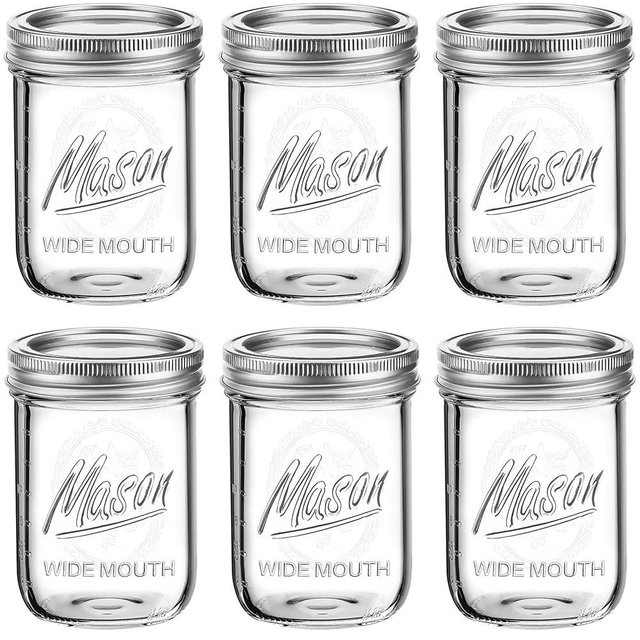 Mason Jars 16 oz Wide Mouth with 2-Piece Lids - Vintage Clear 16 oz Mason Jar, Durable Glass Jars for Food Storage, Canning, Preserving, Overnight Oats, Shower Wedding Favors, Airtight Lids, 6 Pack