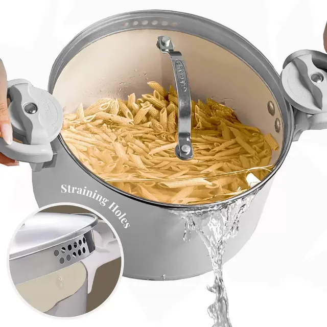 Gotham Steel 5 Qt Light Grey Ultra Nonstick Ceramic Pasta Pot with Twist & Lock Strainer Lid, Stay Cool Handles