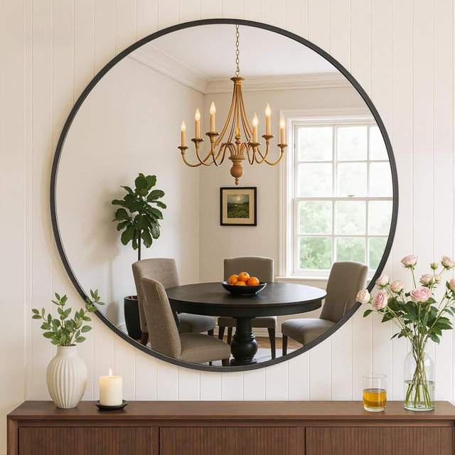Bathroom Mirror for Wall, 20 Inch Round Mirror, Matte Black Metal Framed Circle Vanity Mirror for Bathroom Bedroom Living Room Entryway, Anti-Rust, Tempered Glass, Hanging or Leaning