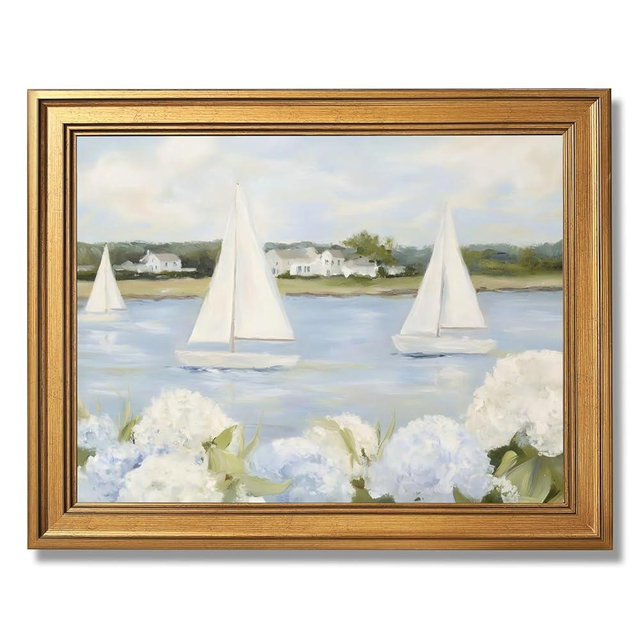 Licpach Grandmillennial Preppy Coastal Wall Art Nautical Sailboat Blue White Floral Canvas Print Vintage Seaside Beachy Cottagecore Decor Posters forBathroom Bedroom Aesthetic 12X16inch Golden Frame