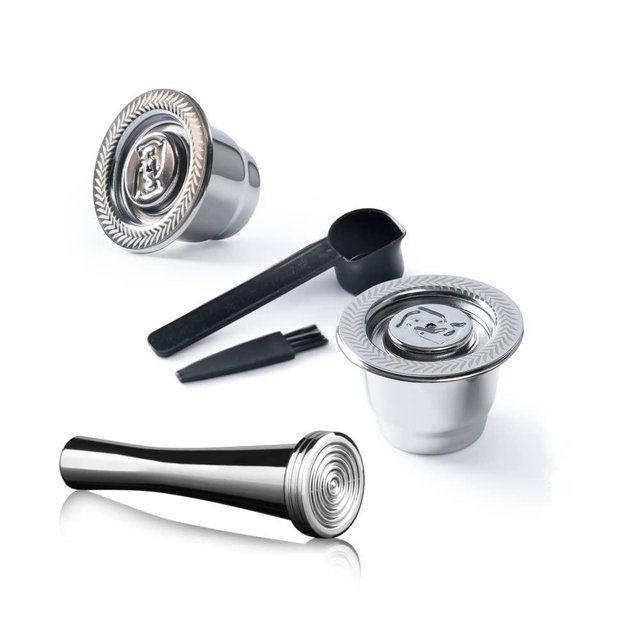 Stainless Steel Nespresso Reusable Pods Fit For Nes presso OriginalLine, Metal Refillable Espresso Coffee Filter Pods For Nescafe Original Brewers, 2 Capsules With A Tamper