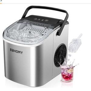 EUHOMY Countertop Ice Maker Machine with Handle, 26lbs Per Day, 9 Ice Cubes Ready in 6 Mins, Auto-Cleaning Portable Ice Maker with Basket and Scoop, for Home/Kitchen/Camping/RV (Silver)