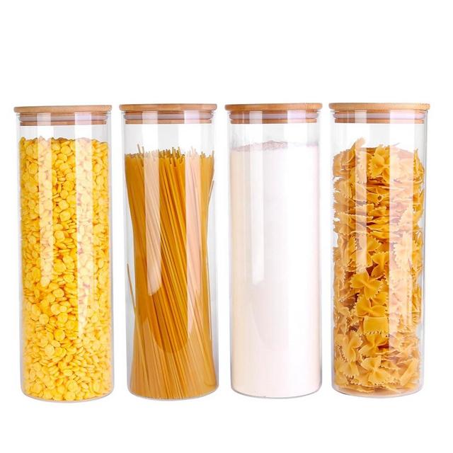 PUSCRIENO Glass Food Jars with Lids,77oz Glass Storage Containers with Airtight Bamboo Lids,Round Glass Canister Set of 4, Pantry Organizers and Storage for Cookie Flour Oat Pasta Tea Coffee Bean