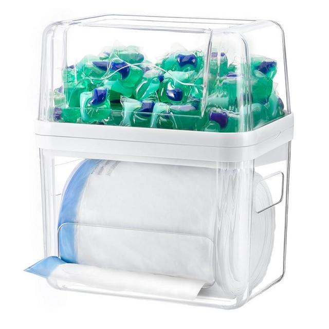 iCASA Trash Bag Dispenser Laundry Pods Container - 3 in 1 Garbage Bag Organizer and Dishwasher Pod Cleaner Tablets Holder Clear Acrylic Pantry Organizers and Storage Box Kitchen Under Sink Organizer