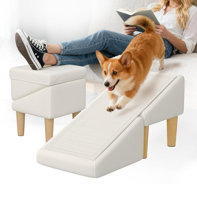 Dog Ramps for Small Dogs and Cat, Removable Non-Slip Mat & Seat Cushion, 23 Incline Foldable Dog Ramp Ottoman, Solid Wood Anti-Slip Pet Ramp, for Small Senior & Injured Dogs & Cats