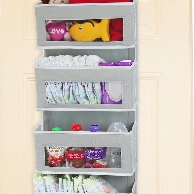 Simplehouseware Over Door/Wall Mount 4 Clear Window Pocket Organizer, Gray
