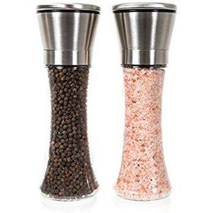 Premium Stainless Steel Salt and Pepper Grinder Set of 2 Pepper Mill and Salt Mill, 6 Oz Glass Tall Body, 5 Grade Adjustable Ceramic Rotor- Salt and Pepper Shakers By Levav