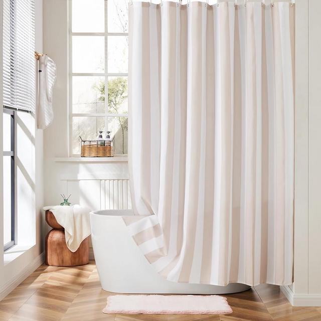 Ohocut Beige Vertical Striped Shower Curtain, Cute Retro Vintage Stripe Bow Bathroom Shower Curtain, Waterproof Polyester Fabric Modern Bath Curtain for Bathroom 72x72 Inches
