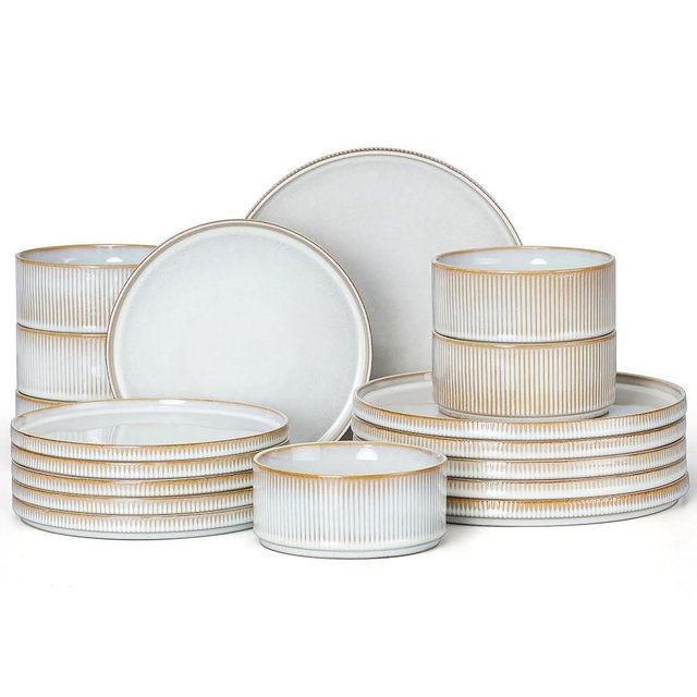 E-far Stoneware Dinnerware Sets, 18-Pieces Modern Plates and Bowls Sets, Kitchen Dinning Porcelain Dishes Set for 6, Chip & Scratch Resistant, Dishwasher & Microwave Safe, Creamy Beige