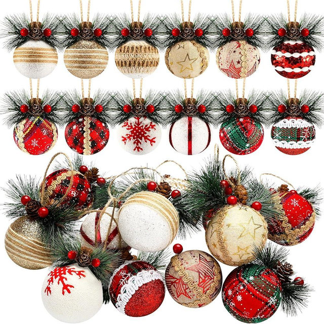 12 Pieces Christmas Ball Ornaments Christmas Plaid Ball Burlap Foam Xmas Balls Xmas Tree Ornaments for Party Wedding Home Hanging Decoration