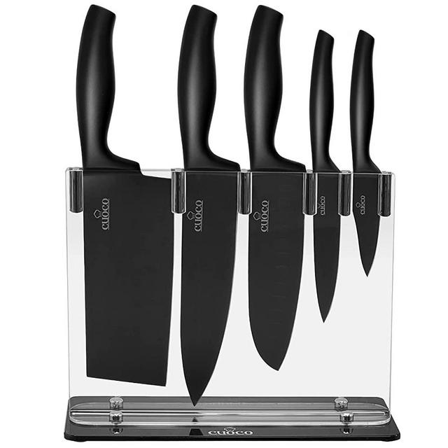 Black Knife Set with Block 5 Pieces, Sharp Cooking Knife Set with Cleaver and Santoku Knife, All Black Knife Set with Extreme Sturdiness and Superior Longevity