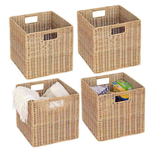 TAIMEI&G02 12x12x12inch Plastic Wicker Cube Baskets Large Square Foldable Handwoven Laundry Organizer,Set of 4，Khaki