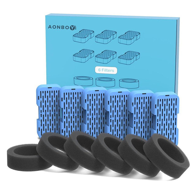 AONBOY Cat Fountain Filters Replacement: 6 Filters + 6 Cat Fountain Sponge, Suitable for AONBOY Pet Fountain S3-SC, Multiple Filtration, Isolates Floating Hairs and gets rid of Odors