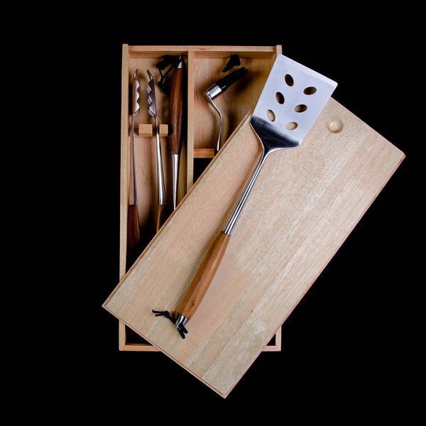 BBQ Bonded Teak 4 Pc Grill Set, Forge Steel, Wood Handle Tools, Spatula, Fork, Basting Brush & Tongs