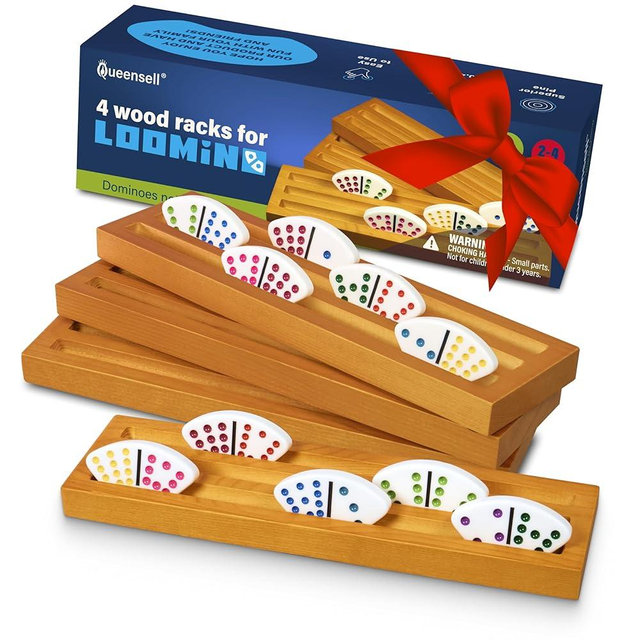 Queensell Loomino Holders – Curved Domino Racks Set of 4 – Loomino Mexican Train Game Accessories – Wooden Domino Trays