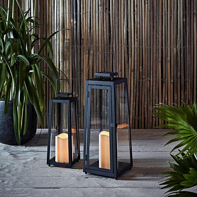 Ligts4fun, Inc. Set of 2 Black Metal Solar Powered LED Fully Weatherproof Outdoor Garden & Patio Flameless Candle Lanterns