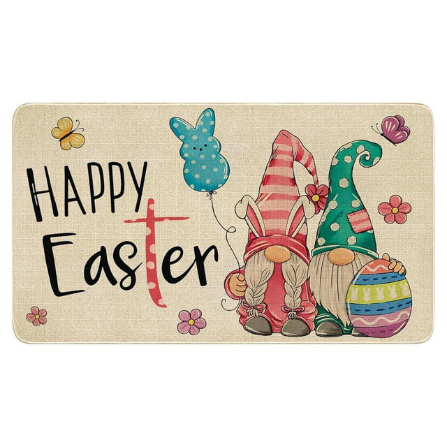 Easter Decorative Welcome Door Mat,Happy Gnome Indoor Outdoor Non-Slip Welcome Peeps Mat,Entryway Front Porch Throw Rugs and Mats for Easter Entrance Decoration,30" x 17"