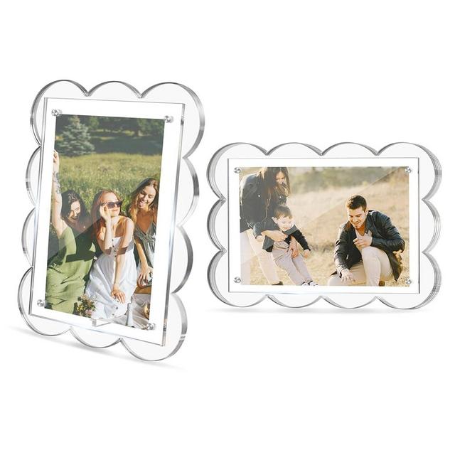 JUOIFIP 2 Pack 4x6 Acrylic Frame, Clear Magnetic Picture Frames, Scalloped Lucite Plexiglas Floating Photo Frame for Tabletop Vertical and Horizontal Display