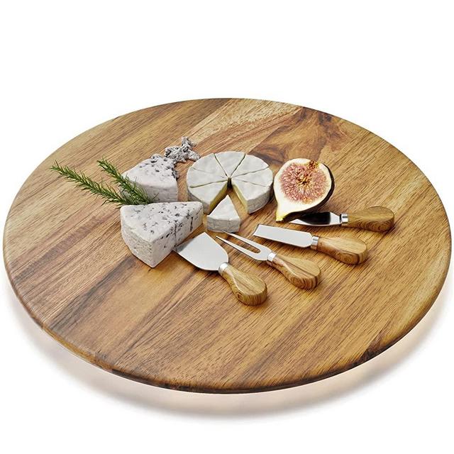 Beautiful 21" Lazy Susan Turntable with Cutlery Set - Solid Acacia Wood Serving Board Spins Smoothly To Enjoy Convenient Dining On Every Table - The Ultimate Cheese Board For Your Gatherings
