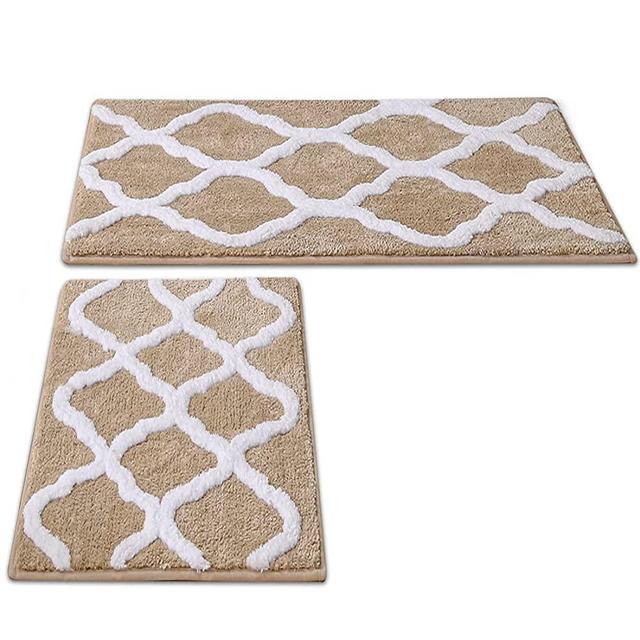 2 Pieces Ultra Soft Microfiber Bath Mat, Anti Slip Bath Rug Set, Strong Absorbent, Machine Washable Shower Rugs, Perfect Plush Bathroom Mat for Tub, Shower, and Bathroom（Taupe/White