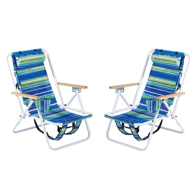 Folding Beach Chair Set of 2 for Adults, 4 Position Portable Backpack Foldable Camping Chair with Headrest Cup Holder and Wooden Armrests, Blue & Green Stripes