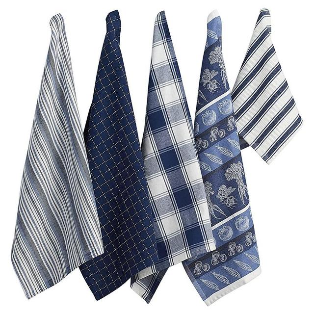 DII Assorted Pattern Kitchen Dishtowels & Dishcloth Set, 18x28 Towels & 13x13 Dishcloth, Marine Blue 5 Piece