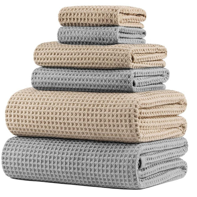 POLYTE 430 GSM Microfiber Quick Dry Lint Free Oversize Bath Towel Set, 6 Piece (Waffle Weave)