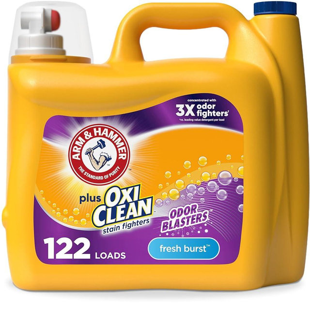 ARM & HAMMER Plus OxiClean with Odor Blasters Liquid Laundry Detergent, Laundry Odor Remover, Attacks Stains, Fresh Burst Scent, 122 Loads, 158.6 Fl Oz