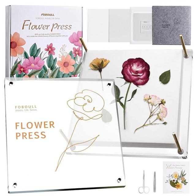 Foboull Extra Large Flower Press, 10" x 10" Acrylic Flower Pressing Kit with Storage Bag and Detailed Instructions, Gift Flower Pressing Kit for Adults, DIY Pressed Flower and Plant Preservation