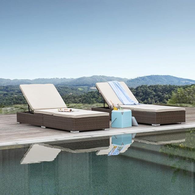 Modern Wicker Lounge Chairs for Outside, 2 Pieces Patio Outdoor Chaise Lounge, 5 Level Tilt Position Backrest Adjustable Recliners for Pool Garden Backyard, Durable Aluminum Frame, Set of 2, Brown