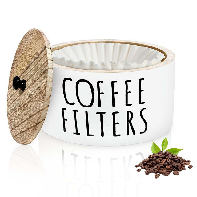 KAYIN Coffee Filter Holder, 78oz Wooden Container with Bamboo Lid, Round Organizer for Filter, Coffee Bar Decor Accessories, 6.3" × 6.3" × 3.54", White