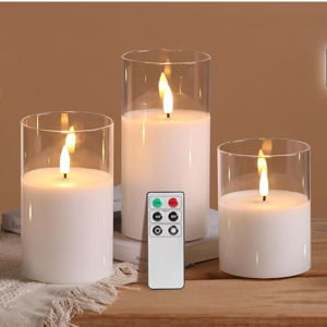 Clear Glass Flameless Candles with Remote Timer, Flickering Battery LED Pillar Candles Set of 3