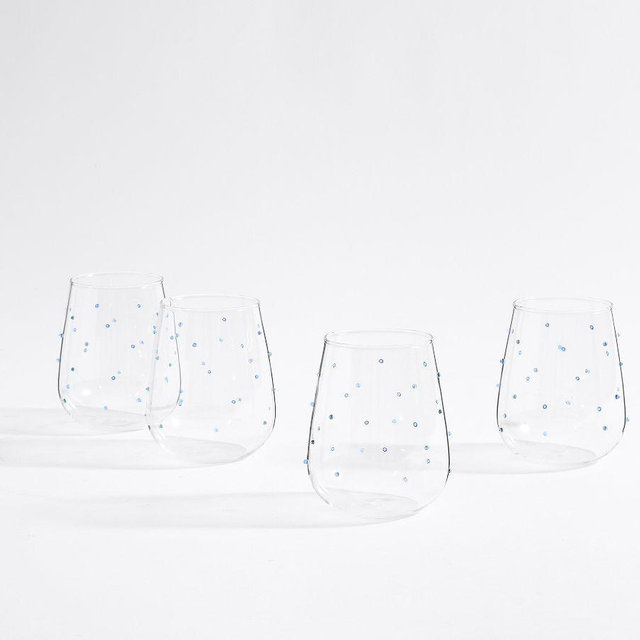 Confetti Celebration Stemless Wine Glasses, Set of 4 - Blue Dots