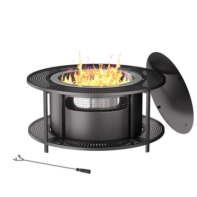 ALAULM 37 Inch Smokeless Fire Pit Tabletop, Stainless Steel Wood Burning Firepit for Outdoor Patio, Includes Weather-Resistant Cover