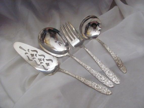 Narcissus 1935 - Antique Silver Plate Large Serving Casserole Fork Pie Ladle Set Spoon - National Silver