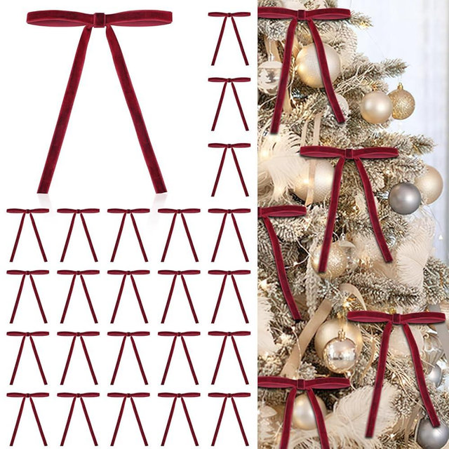 24 Pcs Red Velvet Christmas Ornaments, Rustic Velvet Bows for Christmas Tree, 5x7 Inch Pre-Tied Vintage Xmas Bows for Wreaths, Gifts and Holiday Home Décor, Ribbon Bows for Garland (3/8")