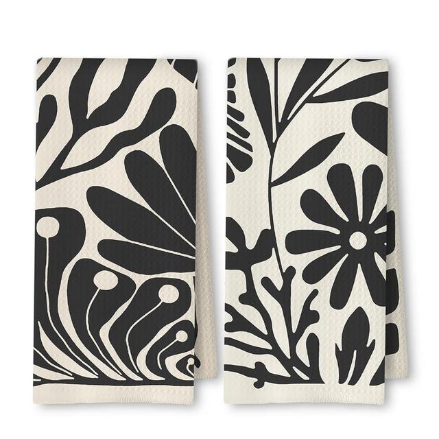 ArtisaEura Abstract Boho Neutral Floral Kitchen Towels Set of 2, 70s Retro Groovy Beige Black and White Botanical Dish Tea Towels for Kitchen Bathroom Decor, Mid Century Modern Hand Towels, 16x24in