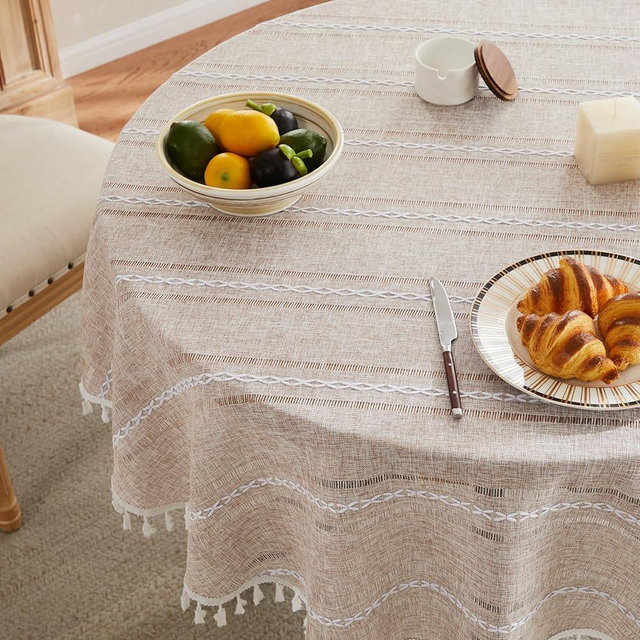 ZeeMart Hemstitched Embroidery Striped Boho Tablecloth 60 Inch Round Natural, Heavy Weight Farmhouse Burlap Linen Neutral Tablecloth, Wrinkle Resistant Washable Table Cloth for Round Table