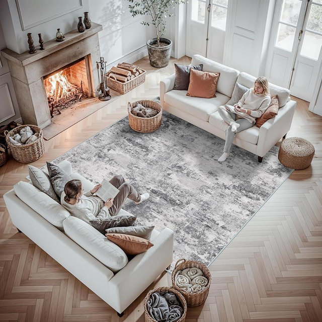 7x7 Area Rug Square Washable: Abstarct Non Slip Rugs for Bedroom - Ultra Thin Low Pile Stain Resistant Indoor Carpet - Home Decor for The Elderly Kids Pet Family - 7' Square Black Grey