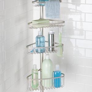 mDesign Bathroom Shower Storage Constant Tension Corner Pole Caddy – Adjustable Height - 4 Positionable Baskets - for Organizing and Containing Hand Soap, Body Wash, Wash Cloths, Razors – Satin