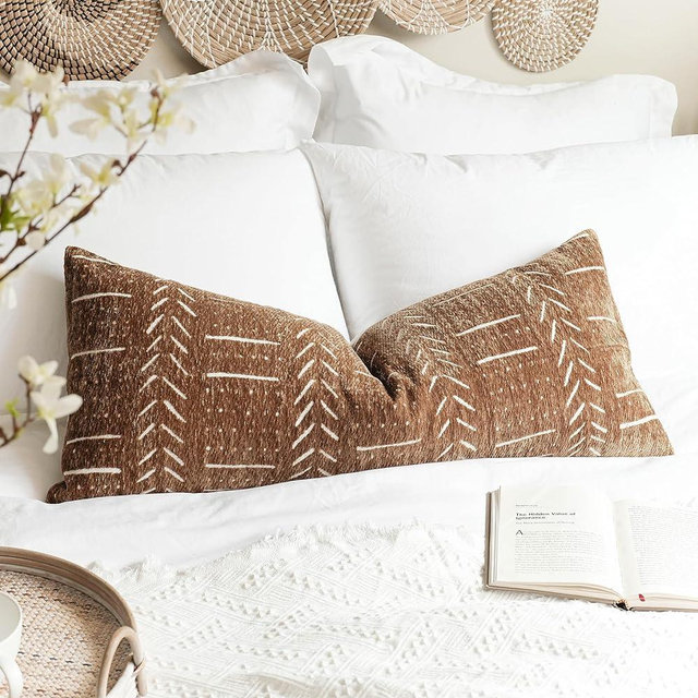 BlissBlush Brown Boho Lumbar Throw Pillow Cover 14X36, Decorative Long Accent Body Lumbar Pillow for Bed, Farmhouse Woven Textured Lumbar Pillowcase for Couch (Cover ONLY)
