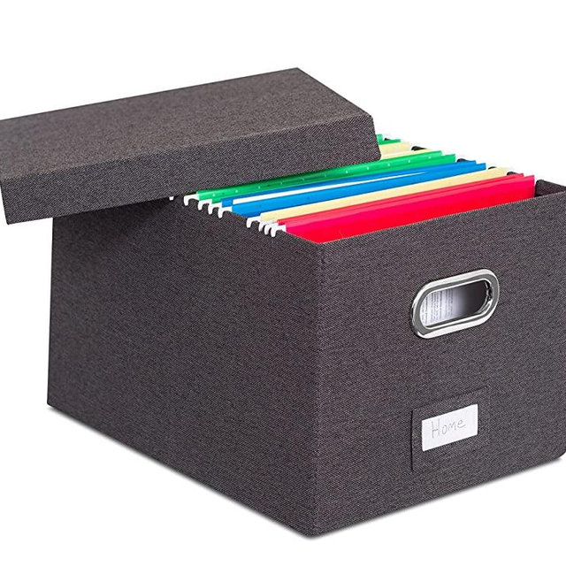 Internet's Best Collapsible File Storage Organizer with Lid - Decorative Linen Filing & Storage Office Box – Hanging Letter/Legal Folder – Home Office Bins Cabinet – Charcoal Container - 1 Pack