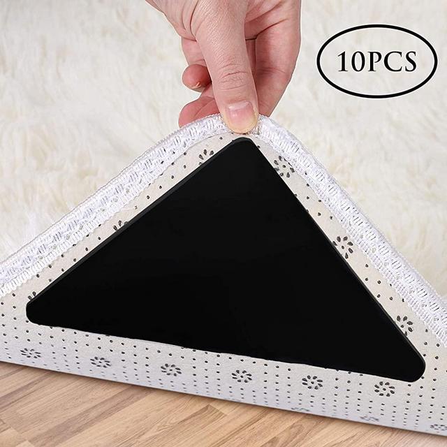 Rug Gripper, 10 Pcs Double Sided Anti Curling Non Slip Reusable Rug Pad, Washable Rug Tape for Hardwood Floors, Tile Floors, Carpets, Floor Mats, Wall (Black)