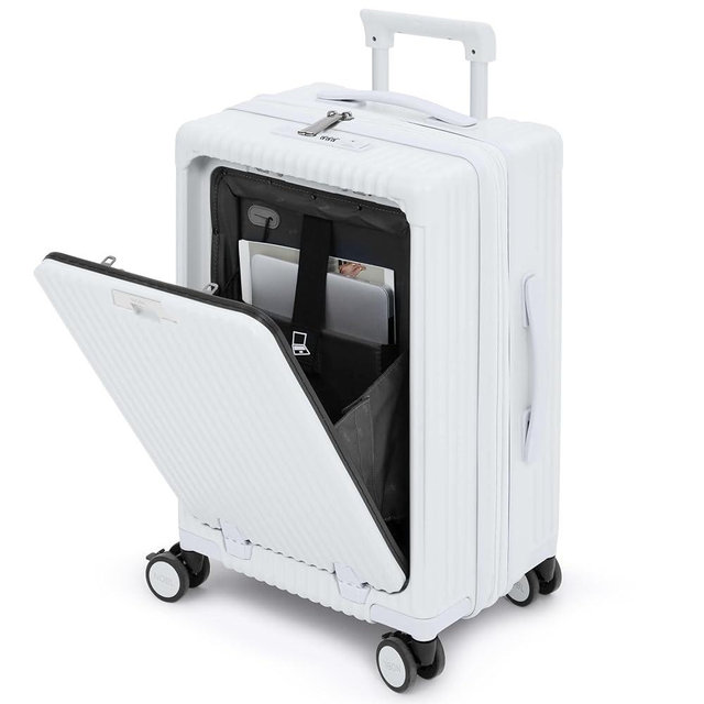 Nobl Travel Carry On Expandable Luggage, Noble Aluminum Frame PC Hard Shell Suitcase, 22.5”x14.2”x9.8” Airline Approved, 360° Spinner Wheels, TSA Locks, USB Charging, Cup & Phone Holder - Ivory