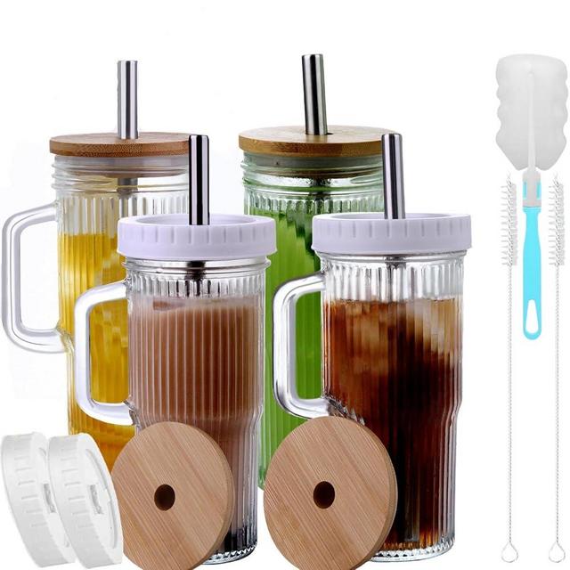 24oz Ribbed Glass Tumbler With Handle,4Pack Glass Cup with Lids and Straws,Reusable Glass Iced Coffee Cups With lids,Mason Jar Cup&Drinking Glasses for Smoothie,Shake,Juice,Soda Water,Tea,Travel Cup