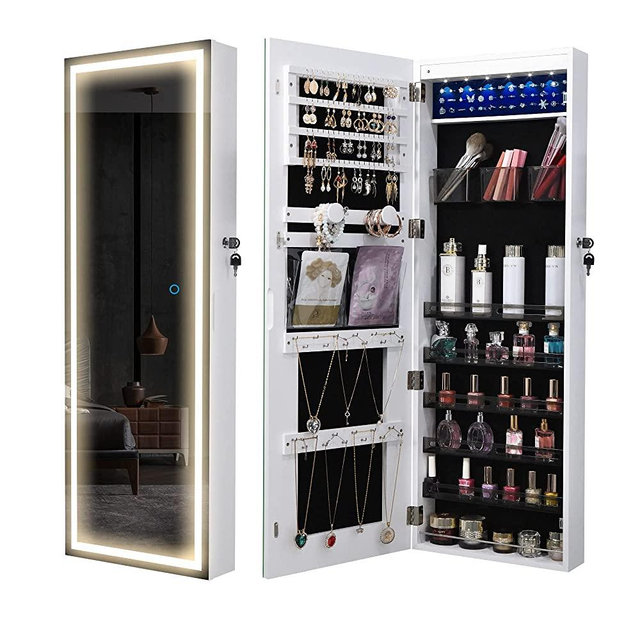 LVSOMT LED Wall/Door Mounted Jewelry Cabinet Armoire, Full Length Mirror with Lights, Lockable Jewelry Storage Organizer, Over the Door Hanging Cabinet, Dressing Body Mirror, White